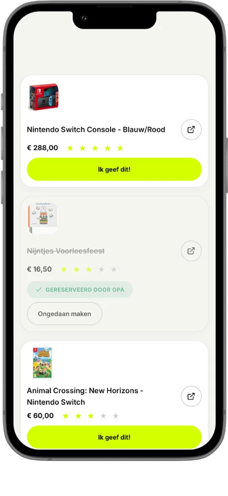 Afstreep-functie en verrassingsmodus van Lijstjemaker.nl om dubbele cadeaus te voorkomen Lijstjemaker.nl afstreep-functie op een smartphone toont een verlanglijstje met items zoals een Nintendo Switch Console en Animal Crossing, waarbij een item gereserveerd is door Opa
