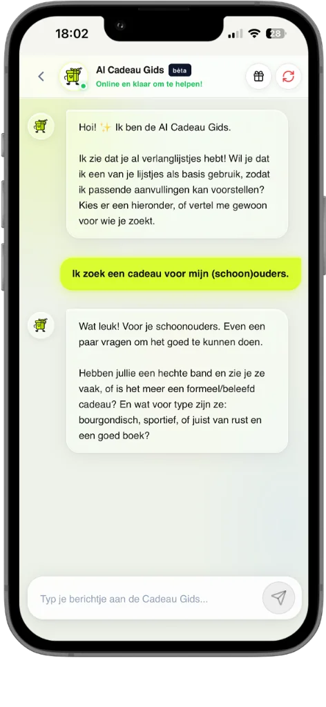 AI Cadeau Gids van Lijstjemaker.nl — persoonlijk cadeau-advies via chat Chatgesprek met de AI Cadeau Gids van Lijstjemaker.nl die helpt een passend cadeau voor (schoon)ouders te kiezen op basis van interesses en budget