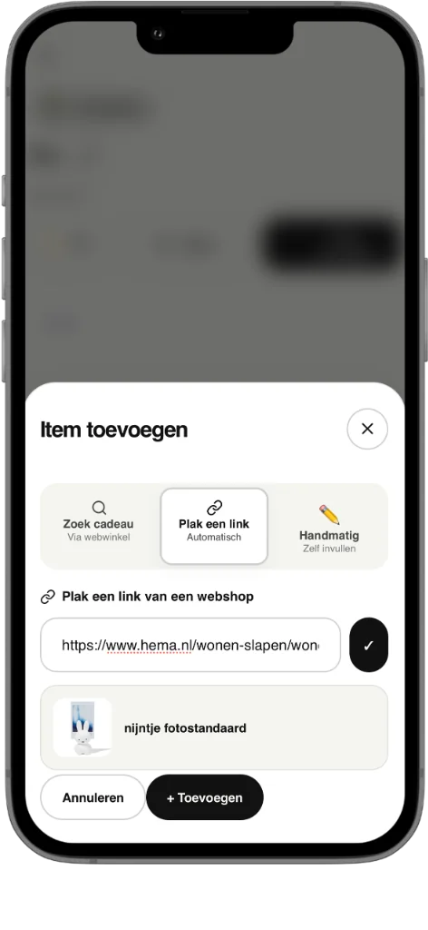 Lijstjemaker.nl Magische Link-lezer om automatisch cadeaus toe te voegen De Magische Link-lezer op een smartphone toont het invoeren van een HEMA webshop URL en het automatisch ophalen van productnaam en afbeelding van nijntje fotostandaard